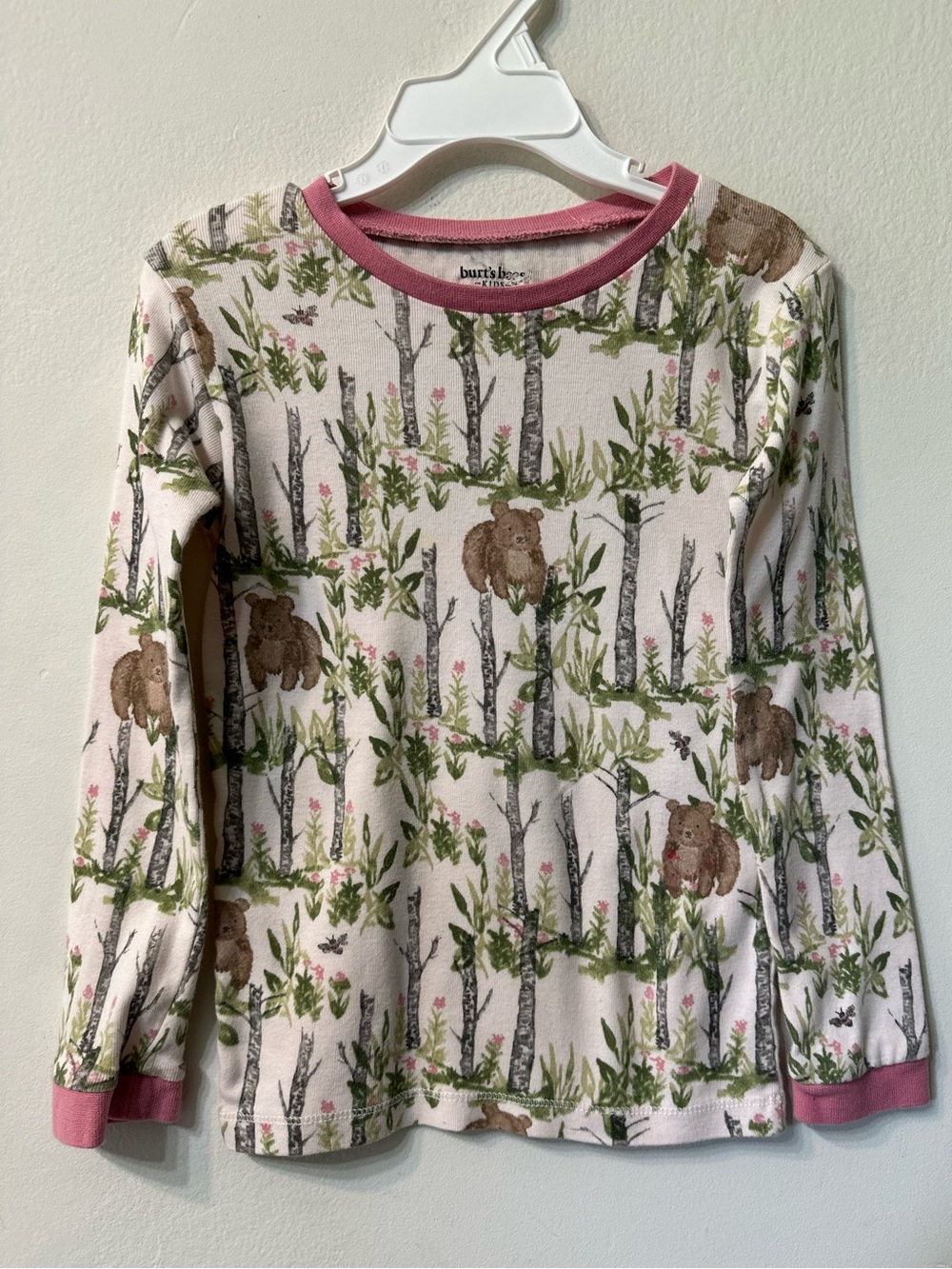 Burts Bees Kids Pajama Top 5T Organic Cotton Bear Birch Tree Forest Pink Cuffs